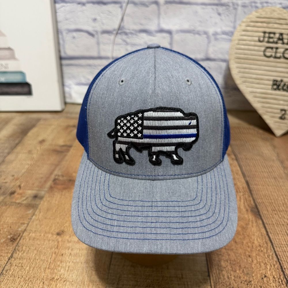 Red Dirt Hat Co “ Thin Blue Line ” Heather Grey / Blue Snap Back Trucker Hat